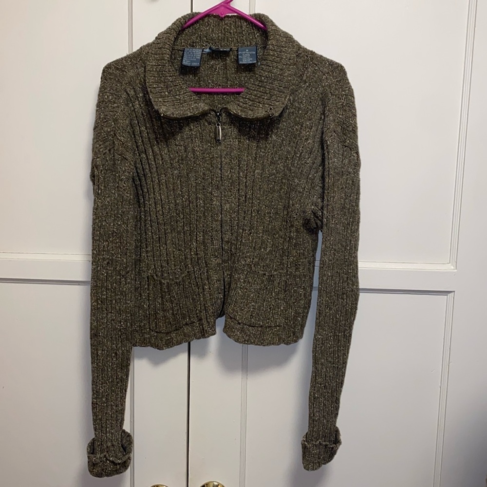LIZ WEAR Medium Brown Chunky Cable Knit Crop Boyfriend Sweater Full Zip